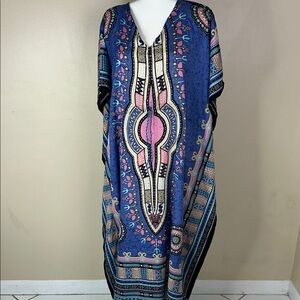 Shore Drive Vibrant Blue and Pink V-Neck Short Sleeve Maxi Dress